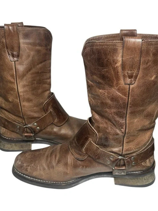 John Varvatos Men’s Size 9.5 Brown Rugged Leather Harness Pull On Biker Boots - Picture 8 of 11